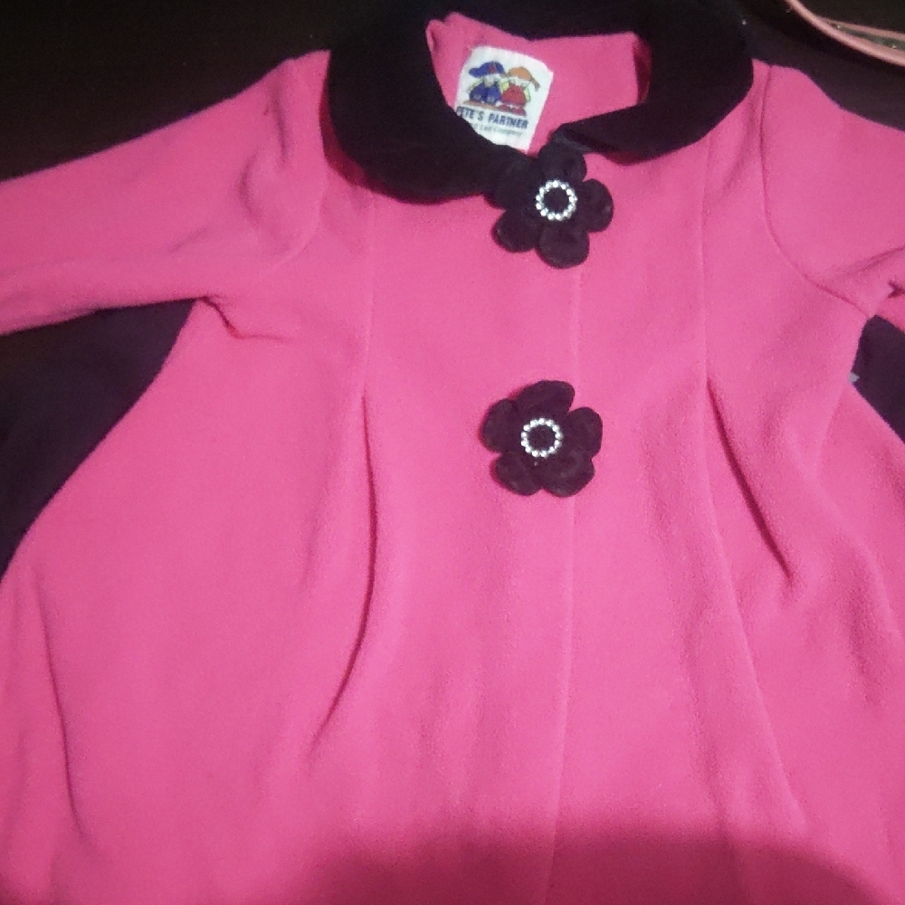 Pink Coat with Black Collar and Flower Accents